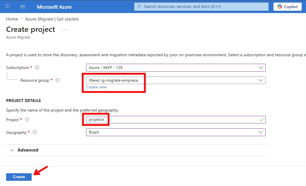 Criando um Projeto no Azure Migrate