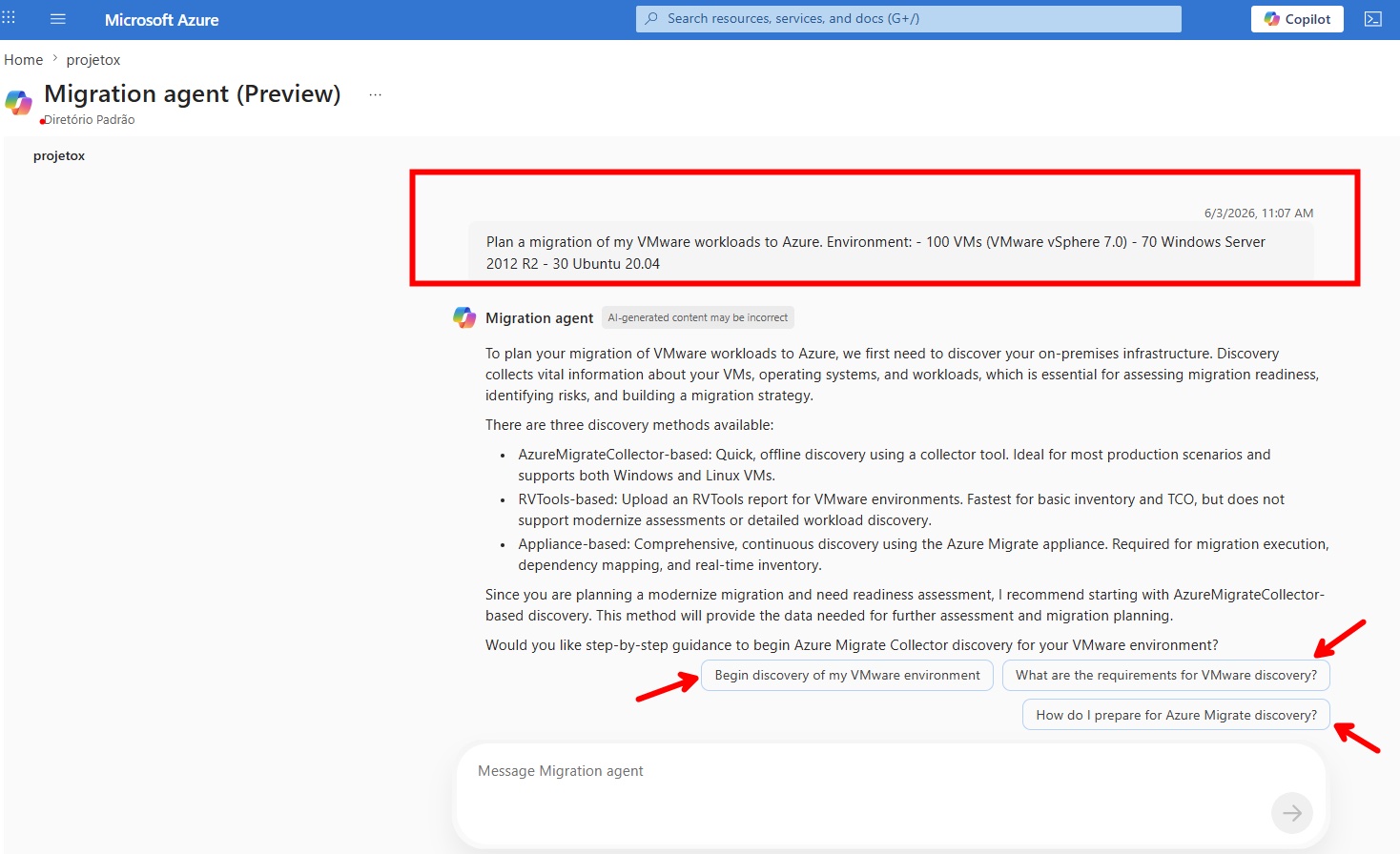 Criando um Projeto no Azure Migrate